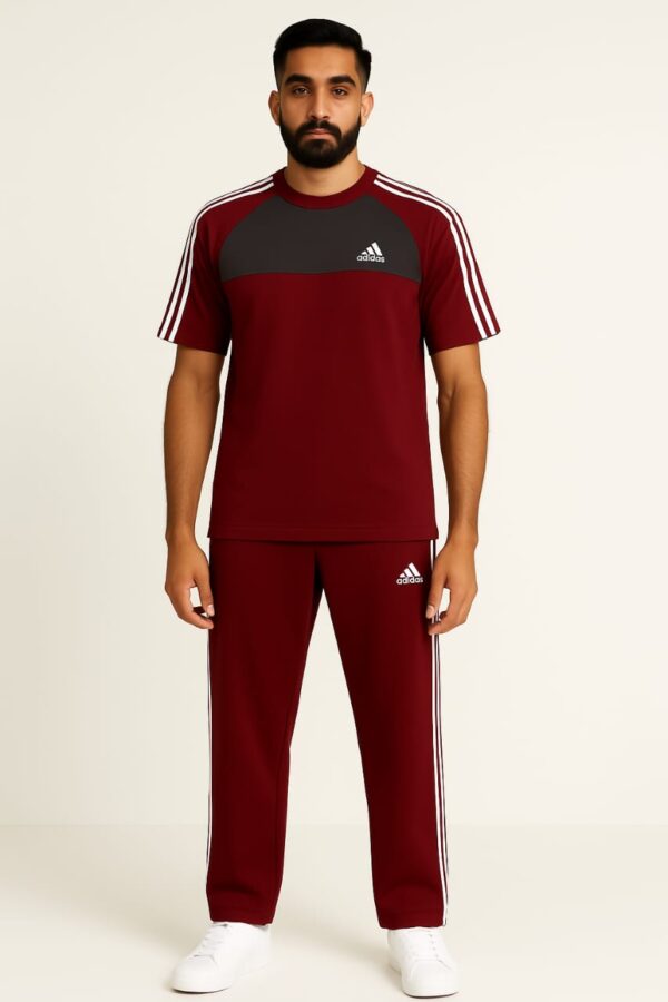 Tracksuit For summer - Slim fit Awesome Maroon and Gray with white straps #233 - Image 2