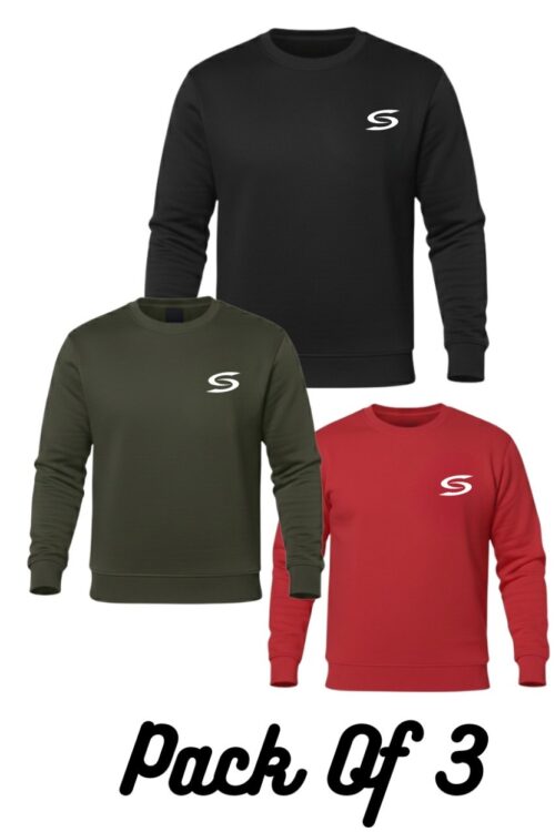 Winter Collection-Olive Green+Red+Black Premium Sweatshirt-Pack Of 3.